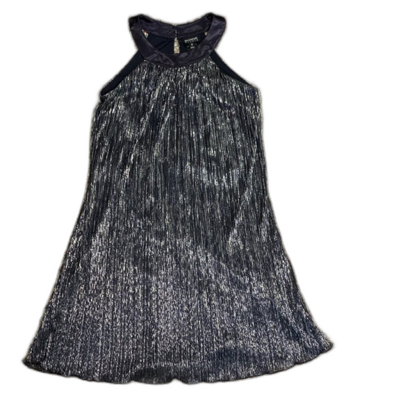 Enfocus Studio Navy and Silver Micro Pleated High Neck Sleeveless Dress Size 6 - Picture 2 of 14